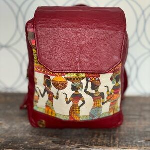 Vintage Red Leather Backpack African Print Panel Convertible Shoulder Bag
